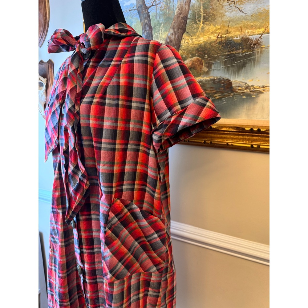 Vintage 1950s 60s Plaid Shirt Dress Bow Tie Neck Patch Pockets Mid Century - Picture 3 of 10